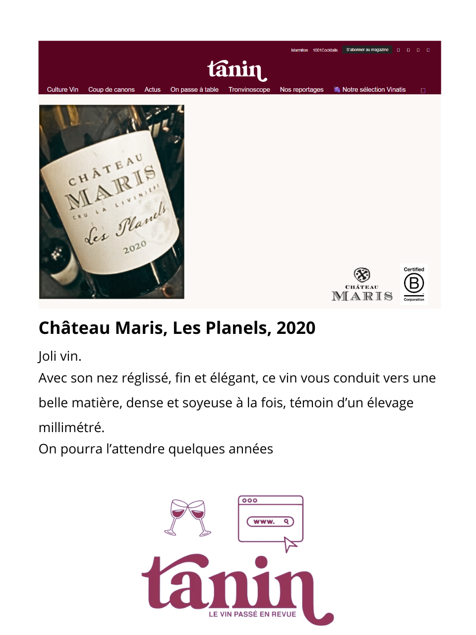 The wine reviewed by Tanin: Les Planels 2020, praised.
